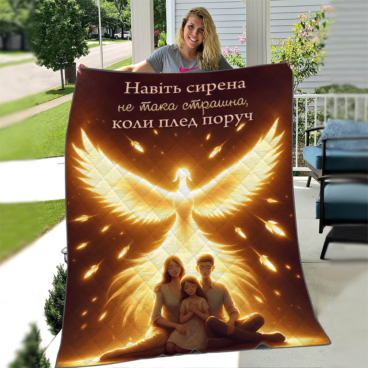 Стьобаний плед в укриття зі світлим птахом над родиною