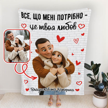 Плюшевий плед для пари із карикатурою за вашим фото й серцями