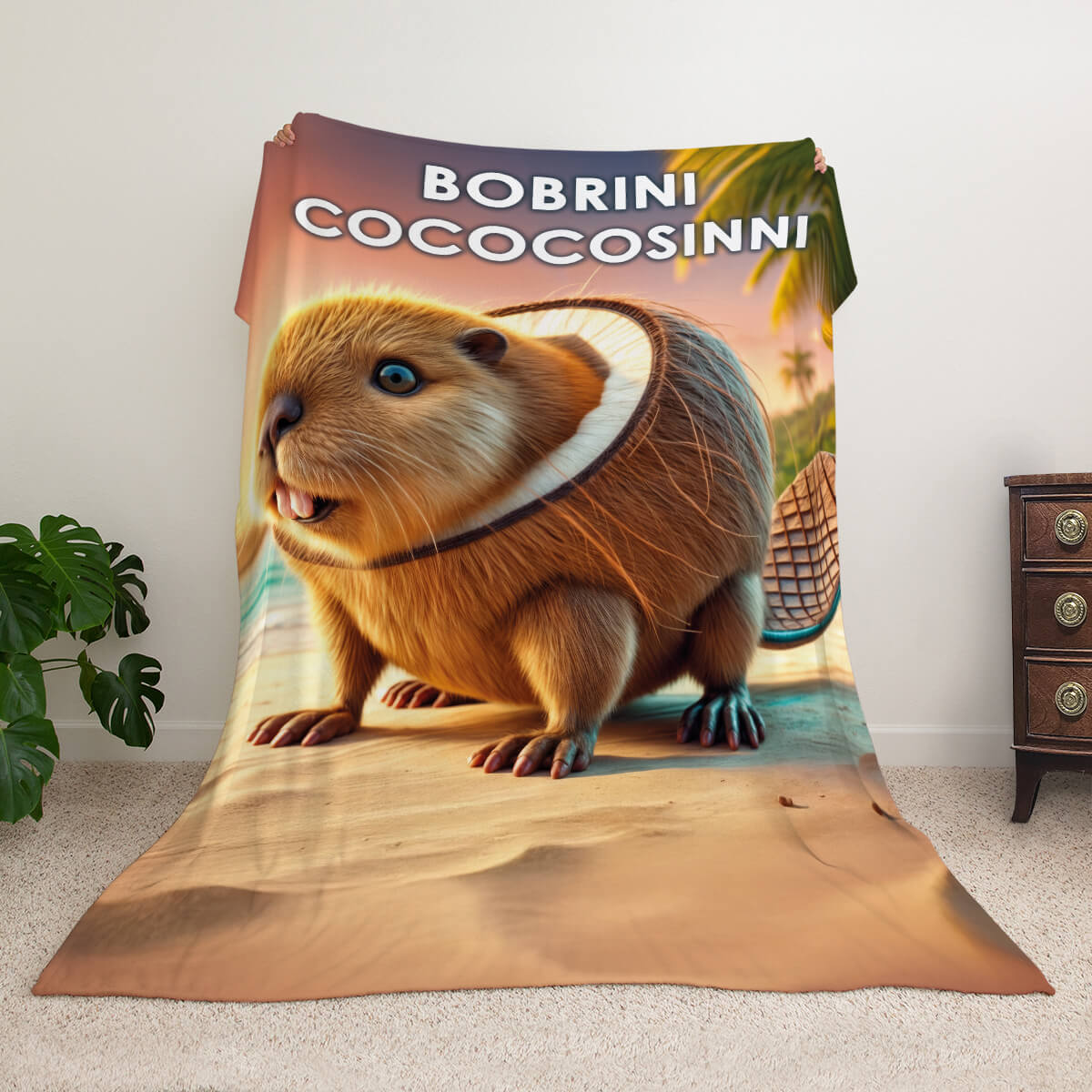 Мем-плед з персонажем Bobrini Cococosinni — бобер з кокосовою шкаралупою на пляжі