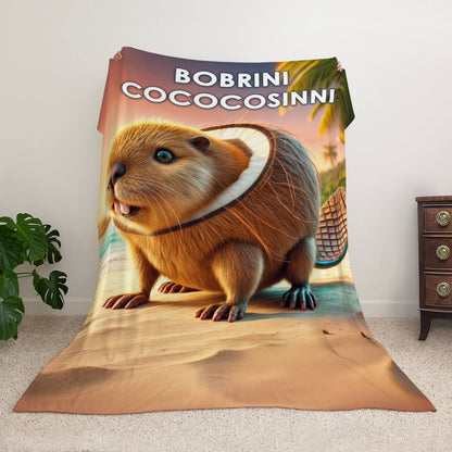 Мем-плед з персонажем Bobrini Cococosinni — бобер з кокосовою шкаралупою на пляжі