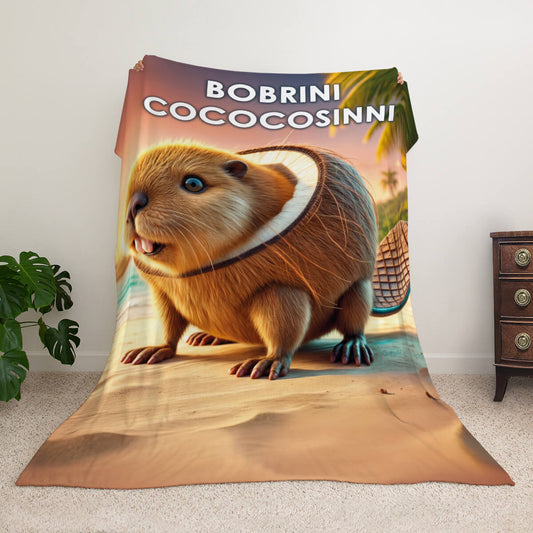 Мем-плед з персонажем Bobrini Cococosinni — бобер з кокосовою шкаралупою на пляжі