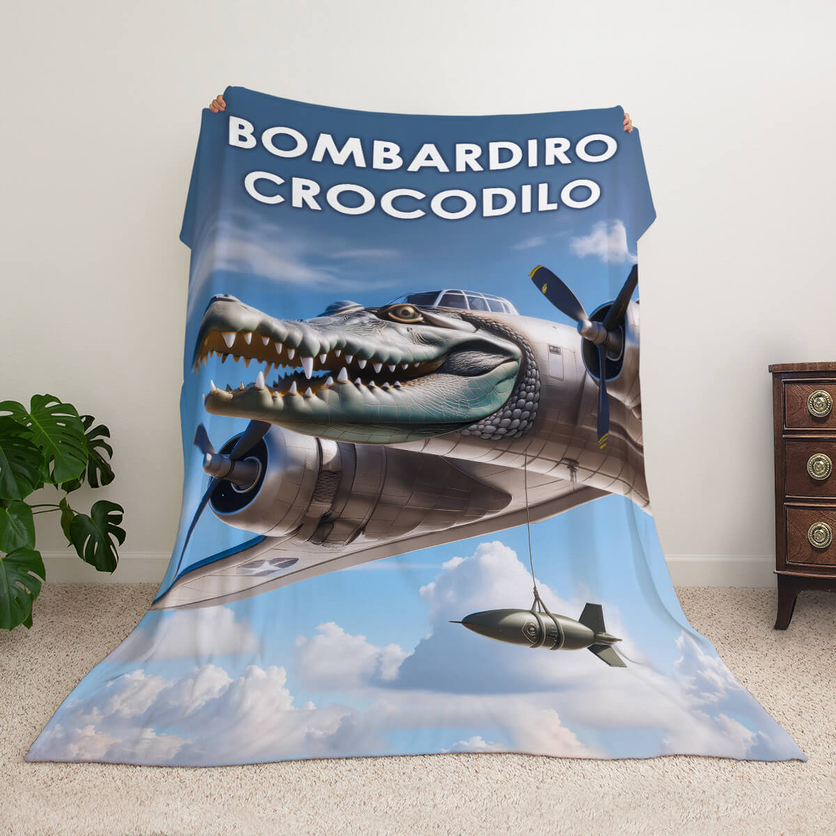 Мем-плед з персонажем Bombardiro Crocodilo — крокодил-літак з бомбою