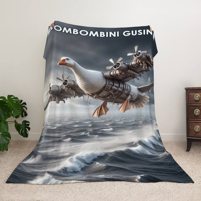 Мем-плед з персонажем Bombombini Gusini — гусак-літак над океаном