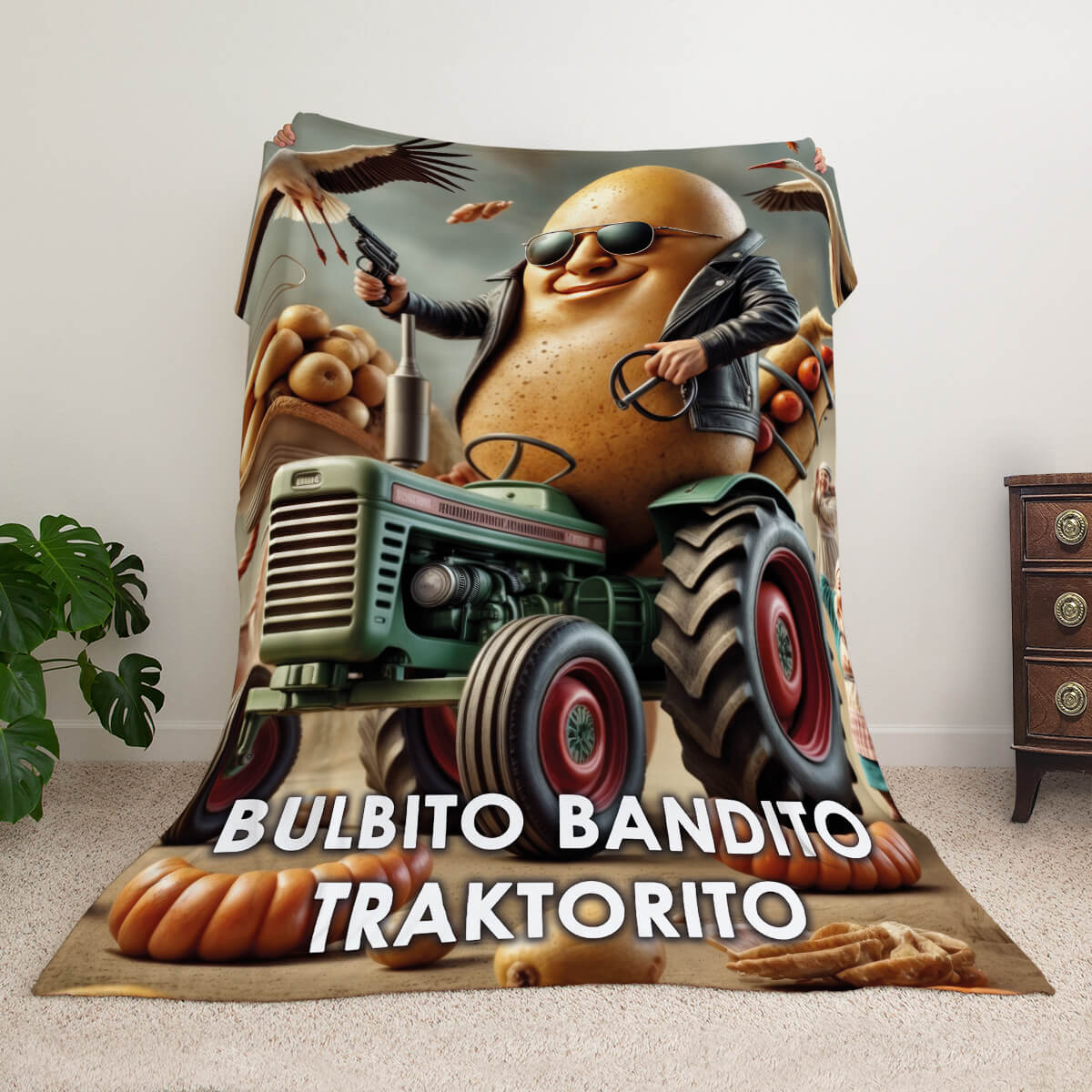 Мем-плед з персонажем Bulbito Bandito Traktorito — картопля-гангстер на тракторі