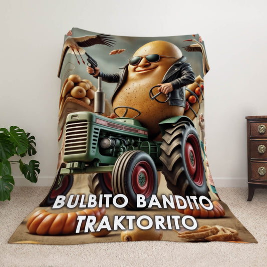 Мем-плед з персонажем Bulbito Bandito Traktorito — картопля-гангстер на тракторі