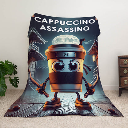 Мем-плед з персонажем Cappuccino Assassino — стаканчик-ніндзя в нічному місті