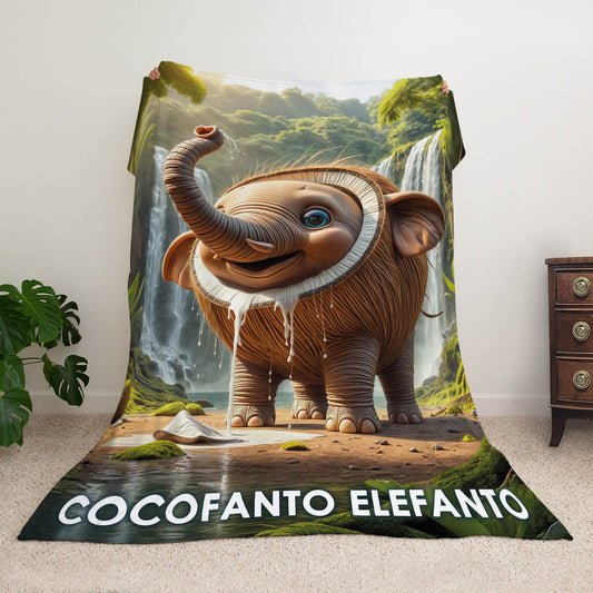 Мем-плед з персонажем Cocofanto Elefanto — слоненя з кокосовою шкаралупою біля водоспаду