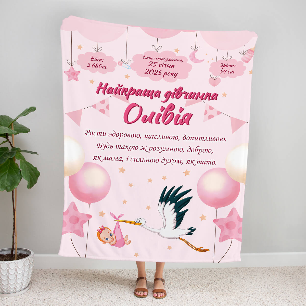 Іменна метрика-плед для дівчинки з лелекою й кульками