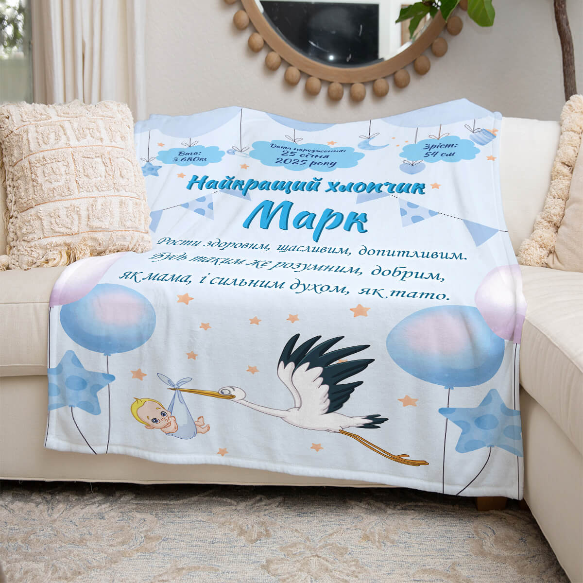 Блакитний плед-метрика для новонародженого, плюш Мінкі