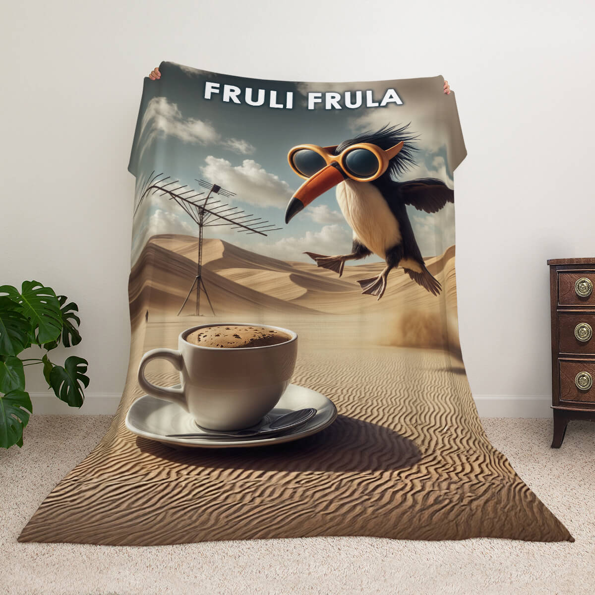 Мем-плед з персонажем Fruli Frula — птах тукан в окулярах у пустелі
