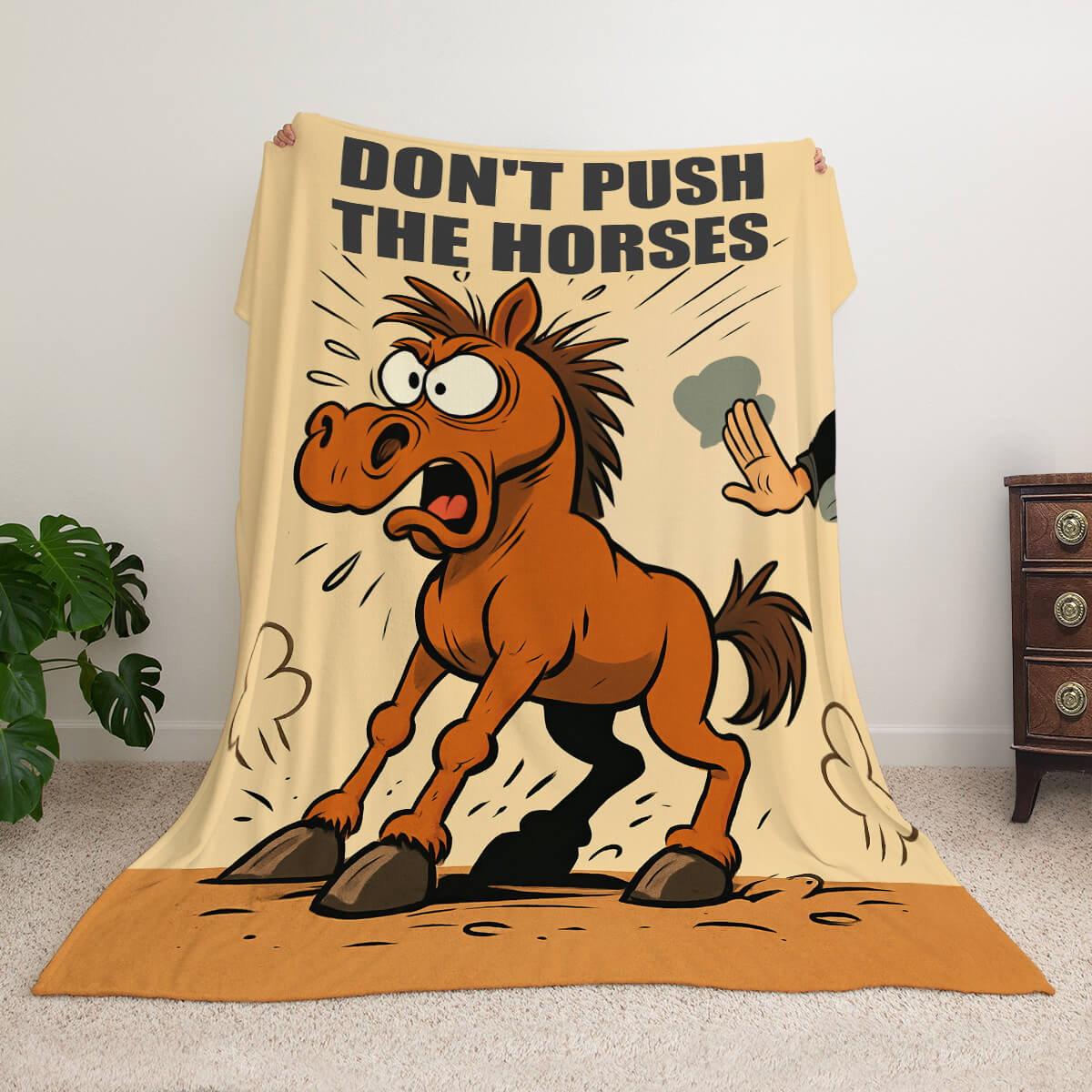 Гумористичний плед з конем, напис «Don't Push The Horses»