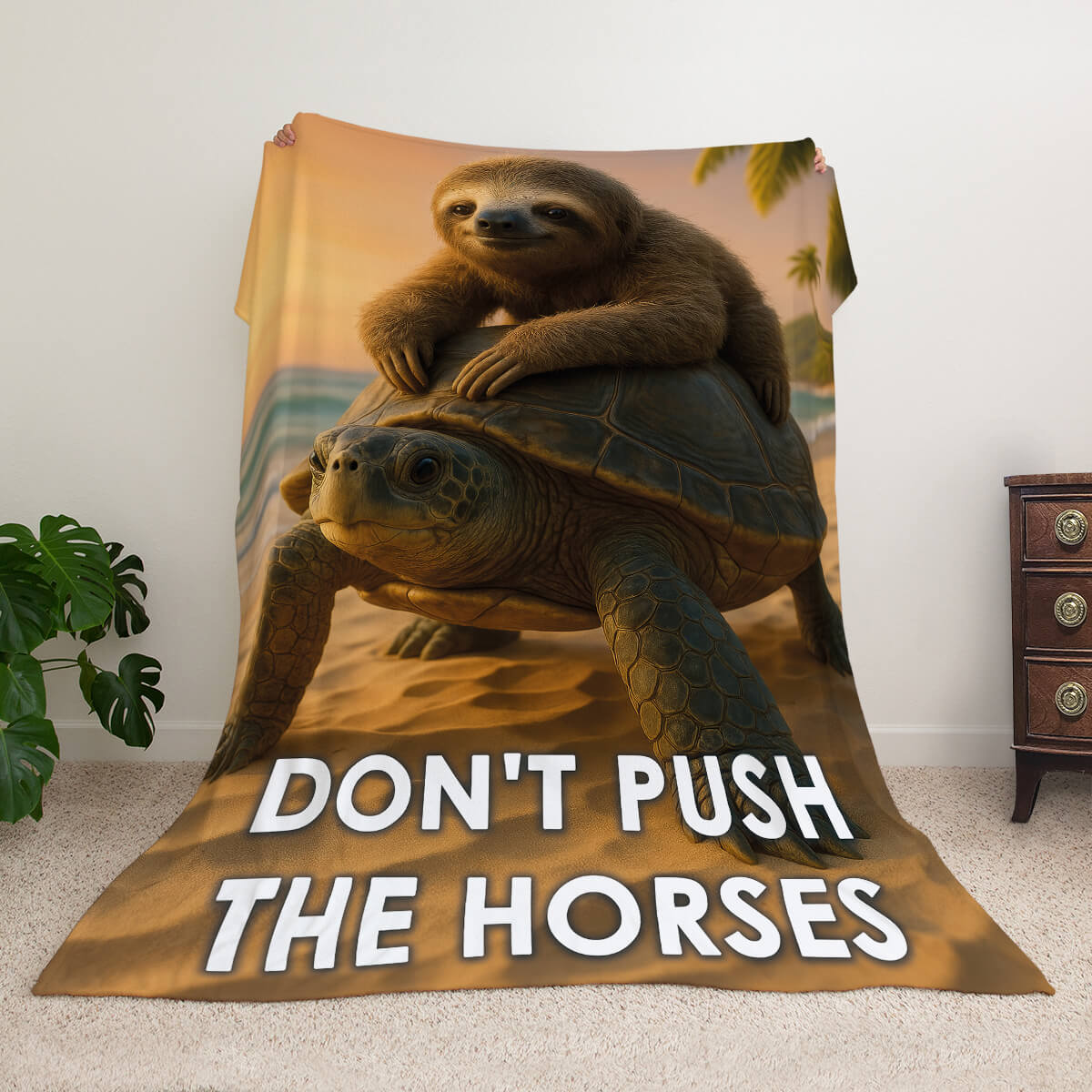 Гумористичний плед з лінивцем на черепасі, напис «Don't Push The Horses»