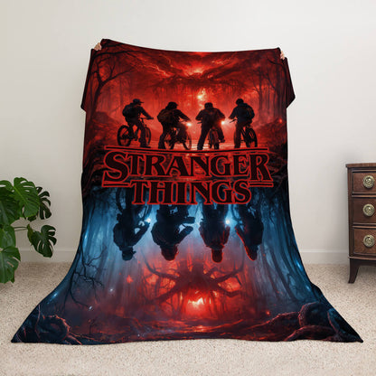 Плед з логотипом Stranger Things, силуети дітей на велосипедах у лісі