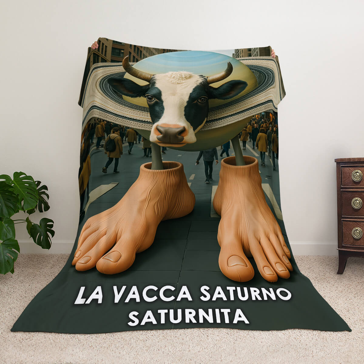Мем-плед з персонажем La Vacca Saturno Saturnita — корова з кільцем Сатурна