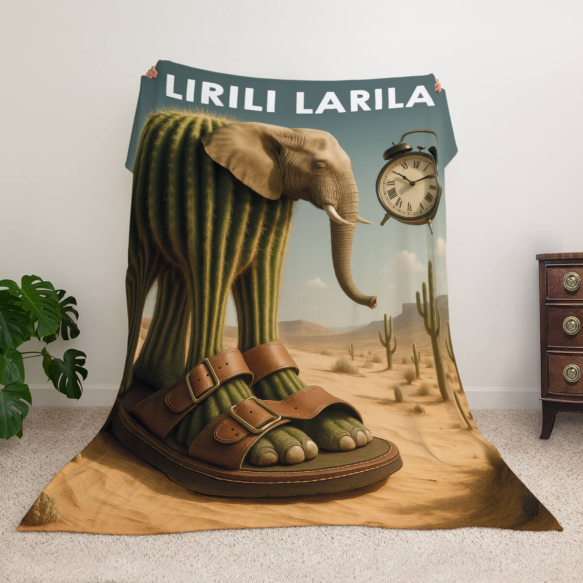 Мем-плед з персонажем Lirili Larila — слон з кактуса в пустелі
