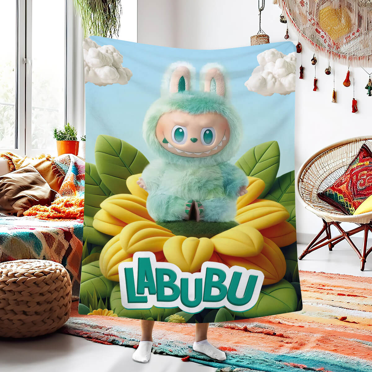 Плед з персонажем Labubu у зеленому костюмі зайченятка на соняшнику, логотип Labubu