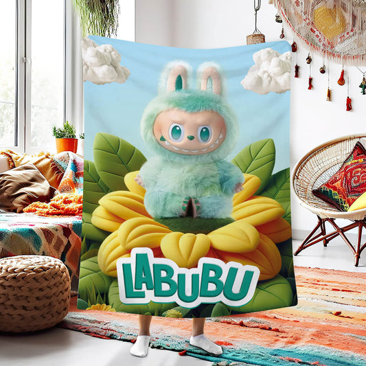 Плед з персонажем Labubu у зеленому костюмі зайченятка на соняшнику, логотип Labubu