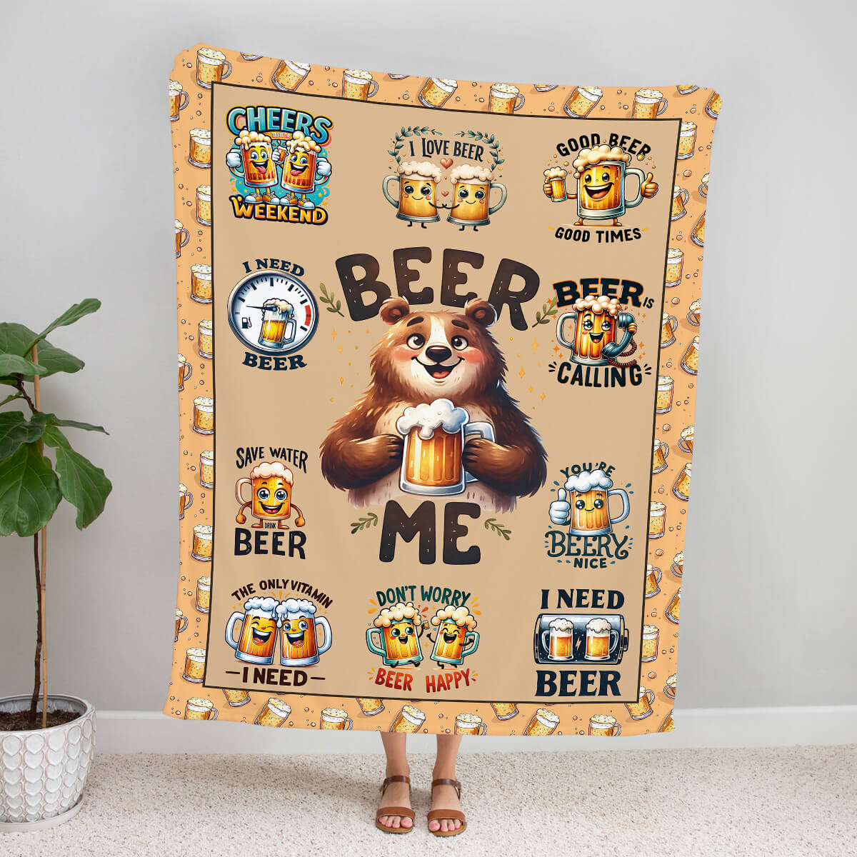 Жартівливий плед із ведмедем, кухлем і написом Beer me