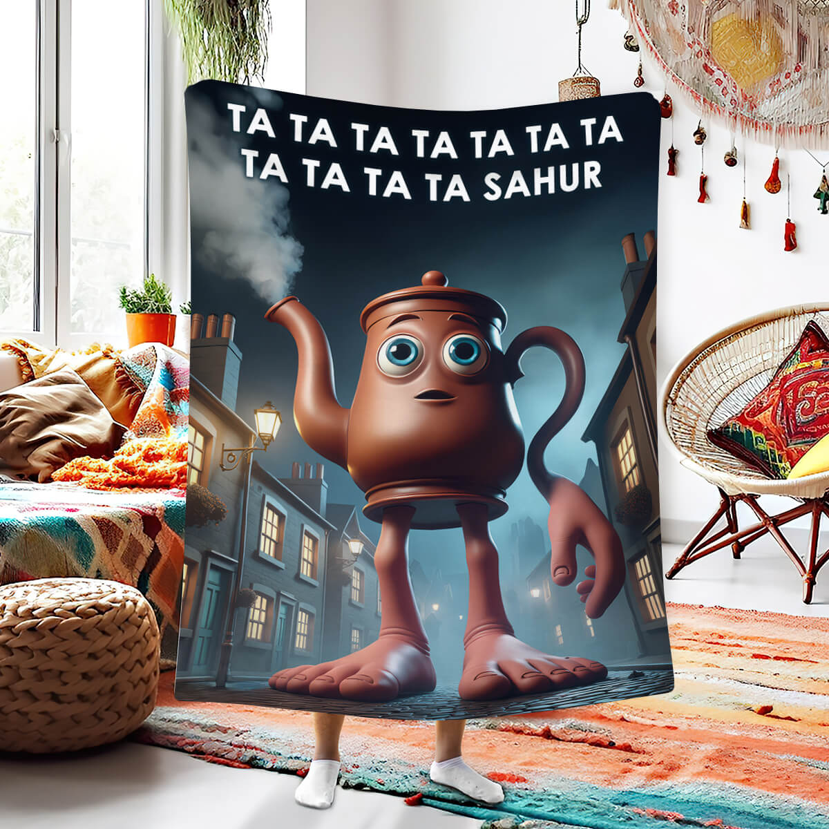 Мем-плед з персонажем Ta Ta Ta Sahur — чайник на ногах увночі