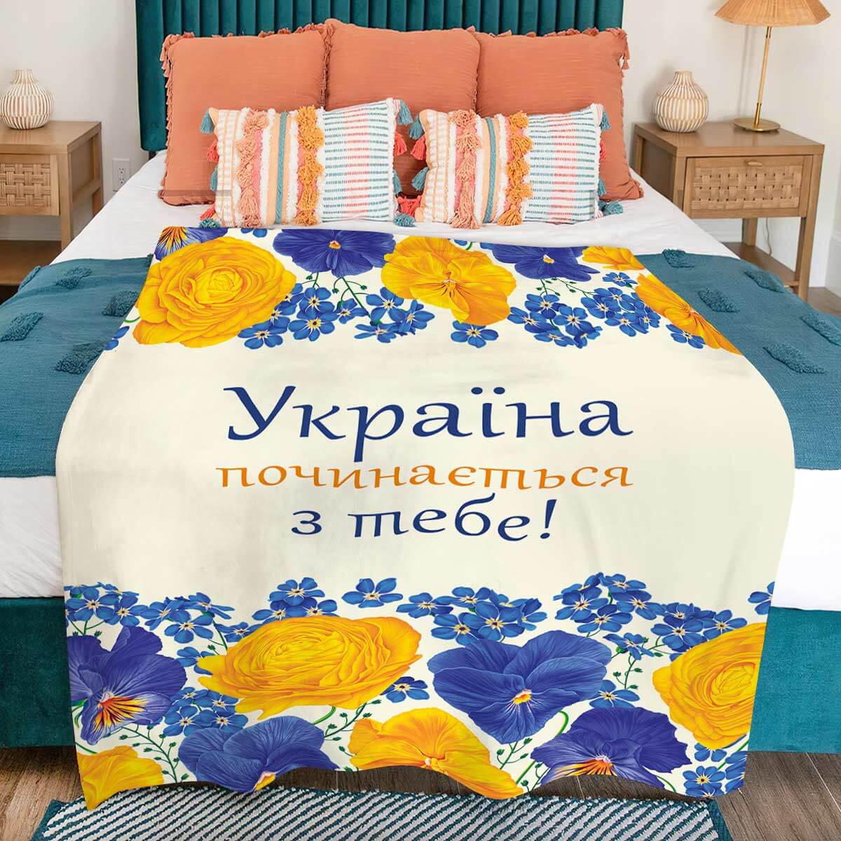 Велсофт плед із синьо-жовтими квітами