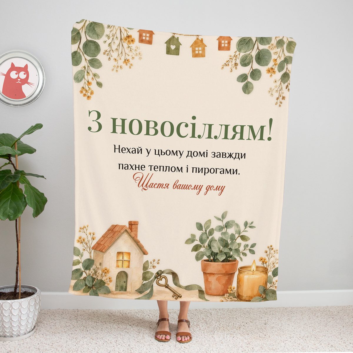 Вершковий плед «З новосіллям!» з акварельним будиночком, ключем і гілками евкаліпта