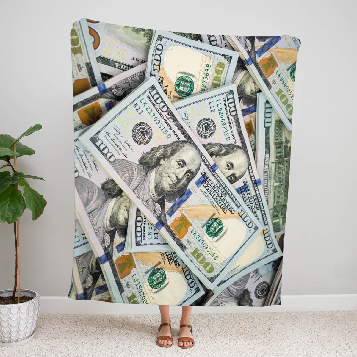 Плюшевий плед із принтом стодоларових купюр на всю площу